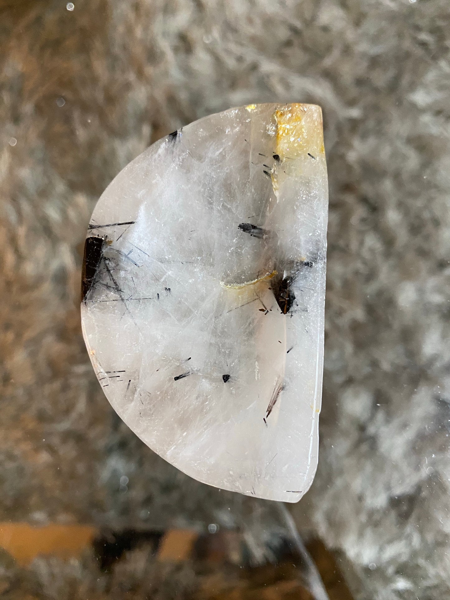 Tourmalated Quartz Bowl half moon shape Indigo Fluorite Tower metaphysics crystal gemstone crystal shop canadian local meditation manifestation spiritual healing holistic journey sage smudging palo santo toronto chakras alignment reiki